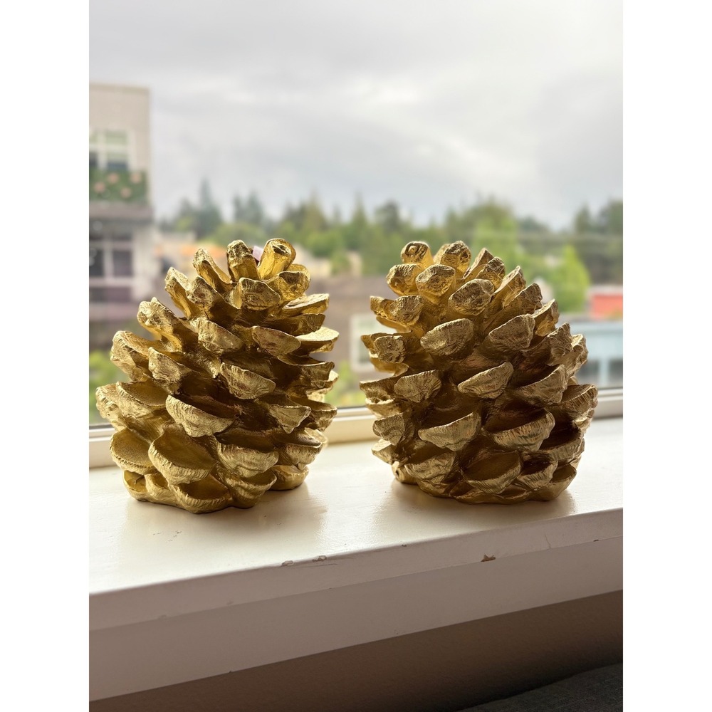 Set of 2 Gold Pinecone Decor Christmas Mantel Shelf Table Decorations